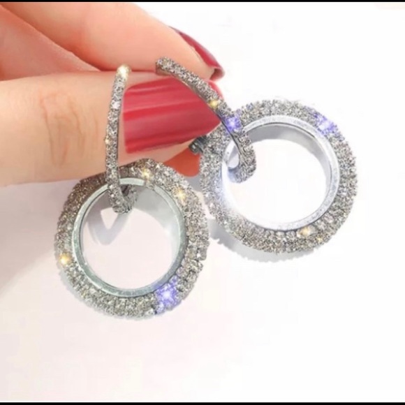 925 Sterling Silver Crystal Double Hoop Earings - Picture 2 of 5